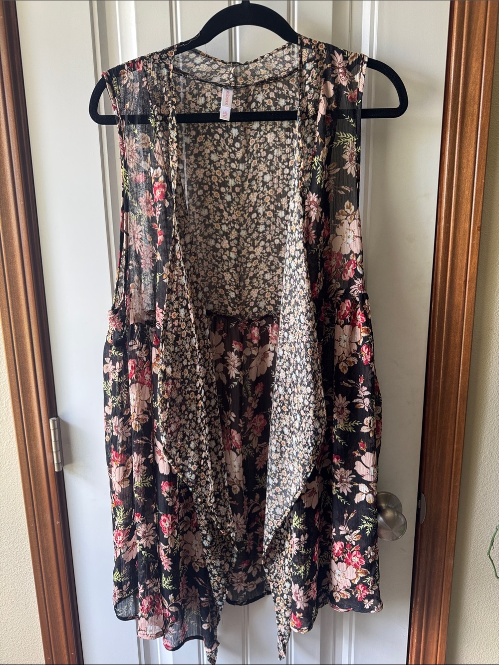 Xhilaration Black Sheer Floral Duster Vest with Pink & Cream Flowers